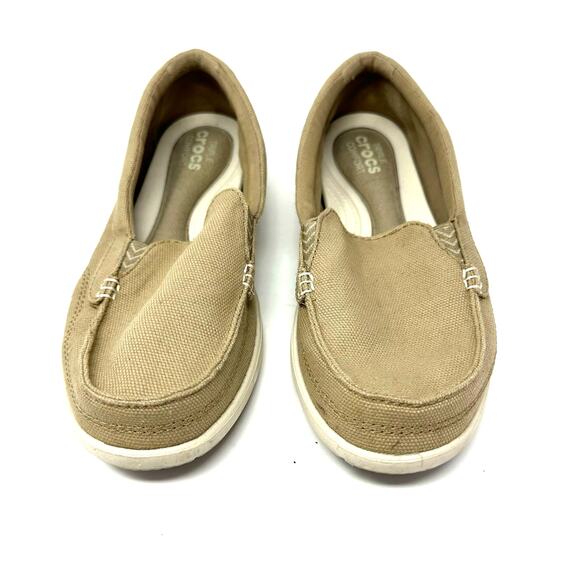 Crocs Size 6 Khaki Canvas Triple Comfort Flat Slip On Walking Workwear Boat Shoe - Picture 2 of 7